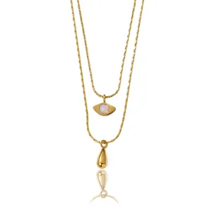 French Retro Elegant Double Layer Stainless Steel Evil Eye Water Drop Pendant Necklace Gold Plated Clavicle Chain For Women