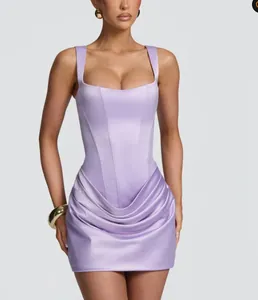 Front detail of lavender satin corset mini dress with square neck and draped skirt design.