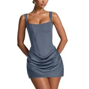 Elegant blue square neck sleeveless mini dress with draped pleated design and slim fit