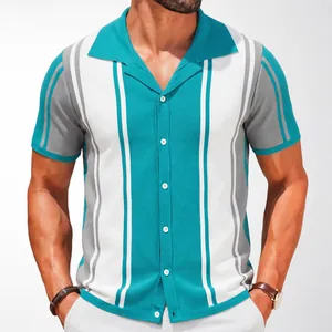 Maglia Polo Uomo a Maniche Corte a Righe in Maglia Cardigan Casual Estivo Viscosa Top Vintage Contrasto Colore Maglieria