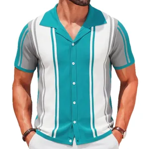Polo da uomo in maglia a maniche corte con strisce verticali blu e bianche estive
