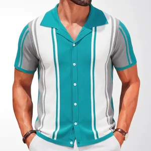 Men's retro knitted polo shirt with teal and white vertical stripes and button front