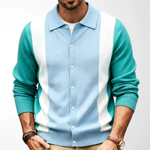 Men's color-blocked striped knit polo shirt with long sleeves and button-down front