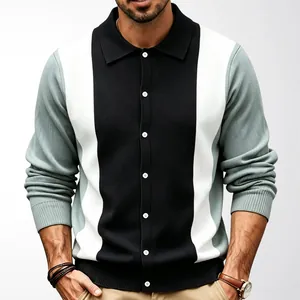 Elegant men's long sleeve knit polo cardigan with retro color block vertical stripes