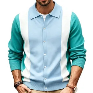 Men's retro color block striped knit polo cardigan with long sleeves in teal and blue