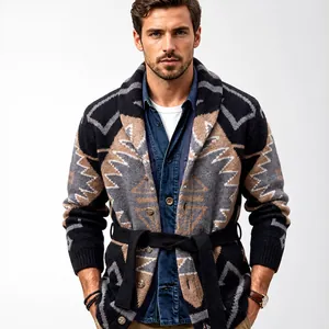 Men's American Retro Geometric Jacquard Knit Cardigan Shawl Collar Thickened Mid-Long Sweater Jacket With Belt Winter SY0075