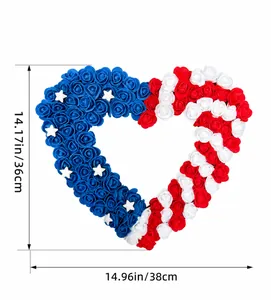 Heart-shaped USA Independence Day rose wreath with dimension details and weight info.