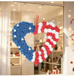 Heart-shaped USA Independence Day wreath decorated with red white and blue PU foam roses