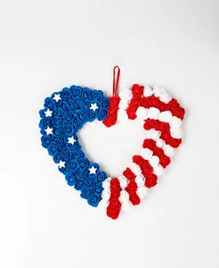 Heart-shaped USA Independence Day door wreath with red white blue PU roses for decor