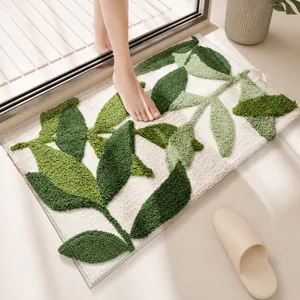 Non Slip Bathroom Rug Bath Mat Flocked Polyester Water Absorbent Thick Plush Carpet For Shower Door Machine Washable Cute Rainbow Floral Leaf Design