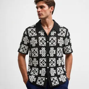 Men's American Retro Crochet Hollow Out Knit Polo Shirt Contrast Black White Grid Pattern Short Sleeve Button Up Top