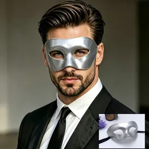 Close-up view of a men's silver masquerade mask worn by a model with a product inset.