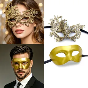 Elegant gold masquerade masks for men and women featuring filigree and smooth styles.