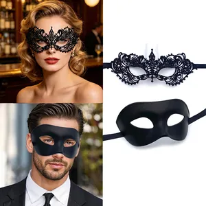 Black masquerade mask set for Halloween party featuring lace and matte half-face designs