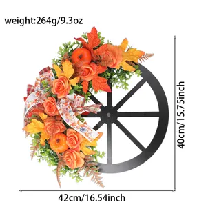 Detailed view showing dimensions and weight of the autumn wagon wheel wreath with pumpkins