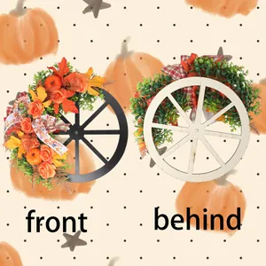 Autumn harvest wagon wheel wreath with pumpkins and maple leaves for wall decor.