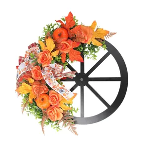 Autumn Harvest Thanksgiving Wreath with Black Wooden Wagon Wheel and Orange Faux Roses