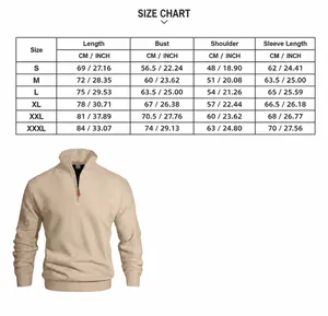 Guida alle taglie per felpa uomo mezza zip con misure in CM e POLLICI dalla S alla XXXL
