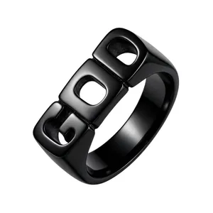 Modern matte black titanium steel hip-hop ring for men with bold GOD engraving detail