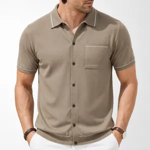 Men Short Sleeve Viscose Knit Polo Shirt Casual Button Down Cardigan Top With Contrast Stripe Trim Pocket For Men Fashion