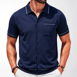 Men's navy blue short sleeve knitted polo shirt with contrast tipping and pocket
