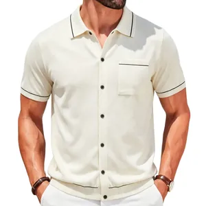 Premium men's cream short sleeve knit polo shirt with contrast piping and functional pocket