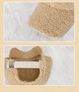 Detailed views of beige winter sherpa baseball cap featuring curved brim and adjustable strap