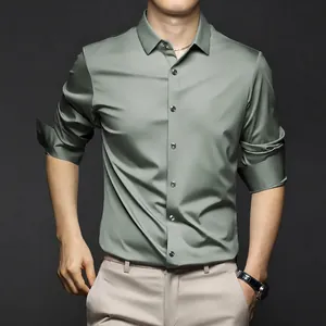 Men's Business Casual Satin Silk-Like Shirt Slim Fit Non-Iron Polyester Solid Color Long Sleeve Button Up Shirt For Office