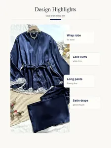 Dettaglio del set vestaglia in raso blu navy con polsini in pizzo e tessuto lucido