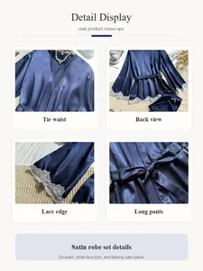 Dettagli del set vestaglia in raso blu navy con elegante pizzo bianco e cintura.