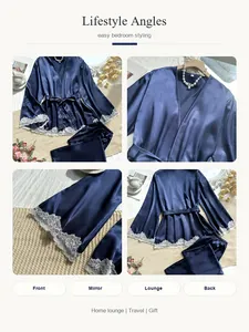 Elegante completo pigiama e vestaglia in raso blu navy con raffinati bordi in pizzo bianco