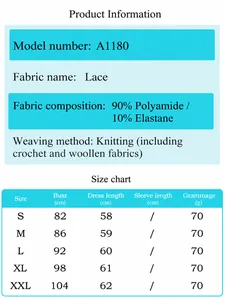 Comprehensive size chart and lace fabric details for V-neck slim fit short sleeve top