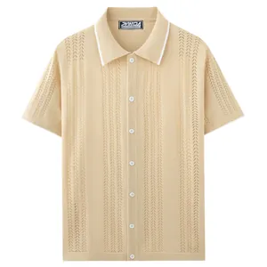 Men's beige short sleeve knit polo shirt with button-down front and white collar trim