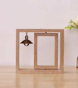Detailed dimensions of a 6-inch rotating wooden double-sided photo frame with vintage bulb.