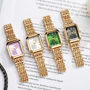 Elegant square women's gold steel watches featuring purple, white, green, and black dials