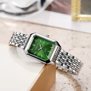 Elegant square ladies' quartz watch with green dial and silver steel band