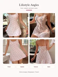 Vues multi-angles complètes d'une élégante nuisette rose à fleurs en seersucker pour femme.