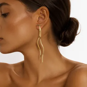 Elegant long gold tassel earrings shown on a model, close-up detail shot for jewelry