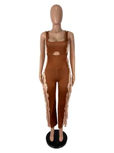 Full view of the brown color-block jumpsuit featuring side fringe and waist cutout.