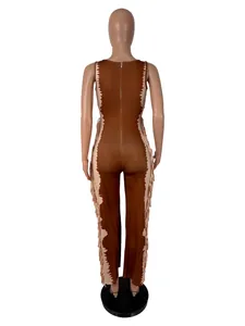 Back view of a brown contrast color bodycon jumpsuit with side fringe details