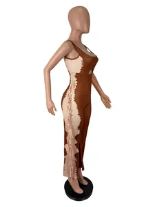 Detailed side view of sleeveless color-blocked jumpsuit with long fringe trim.