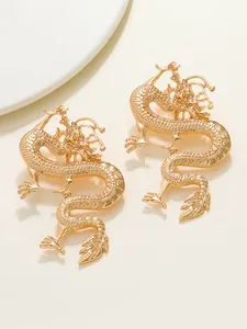 Detailed close-up view of intricate golden dragon stud earrings with textured scale finish