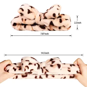 Leopard print coral fleece bow headband dimensions showing 14.5 inch stretchable length