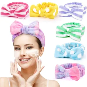 Soft coral fleece bow headbands for face washing, shown in various colorful patterns.