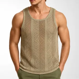 Men's Hollow Out Knitted Tank Top Casual Sleeveless Summer Breathable Mesh Vest Deep U-Neck Acrylic Cotton Top