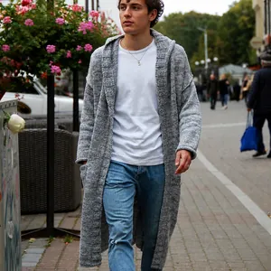 Men Long Hooded Knit Cardigan Retro Loose Fit Jacquard Open Front Sweater Coat Autumn Winter Warm Polyester Top