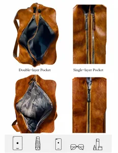 Detail view showing the spacious interior and pockets of the vintage brown tote bag