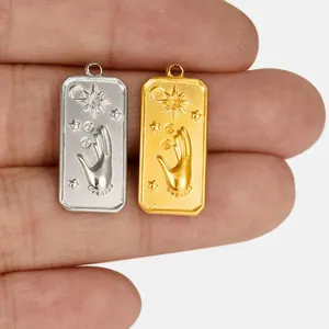 Mystical Sun Moon Star Hand Pendant Charms 304 Stainless Steel 18K Gold Plated Rectangular Tag For DIY Jewelry Making