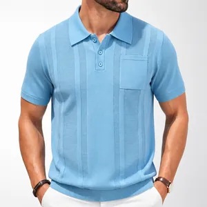 Men's Knitted Viscose Polo Shirt Vertical Ribbed Short Sleeve Business Casual Polo Top With Pocket For Summer