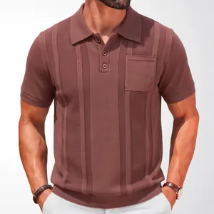 Classic men's short sleeve knitted polo shirt in brown featuring vertical ribbed texture